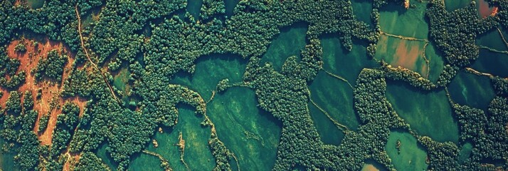 Aerial view of green forest and fields with natural patterns and textures