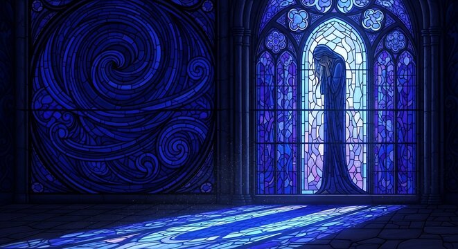 A solitary figure stands before a stained-glass window in a gothic cathedral, bathed in blue light. - Powered by Adobe