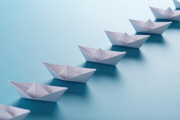 Discover your path forward with a line of elegant paper boats sailing across a serene blue surface, symbolizing direction and journey.