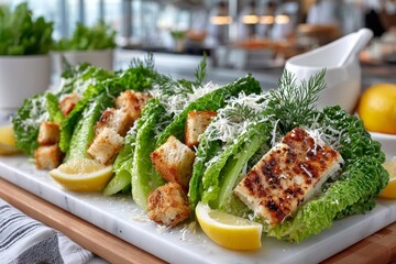 Fresh green salad with grilled cheese and croutons served at a busy city deli during lunchtime