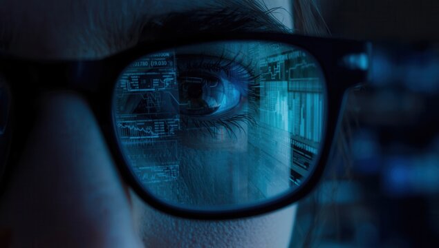 A womans eye with glasses reflecting a computer screen in a dark room, closeup view - Powered by Adobe