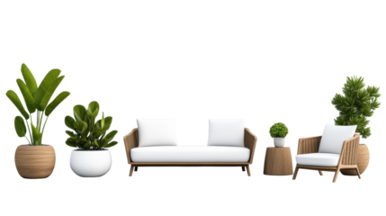 Elegant Garden Furniture with Potted Plants on Transparent Background