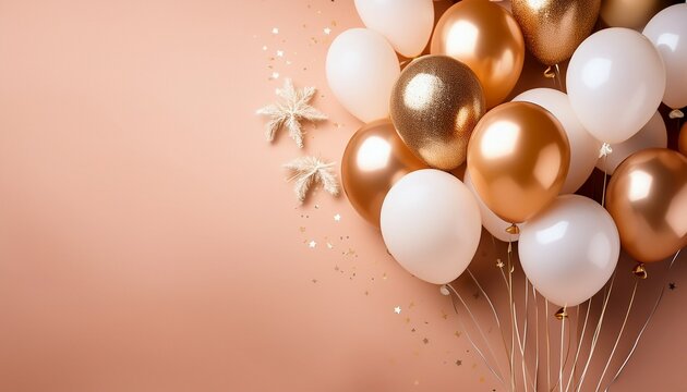 elegant celebration balloons with golden and white accents on a soft peach backdrop