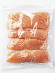 Raw salmon fillets in airtight plastic bag for storage and cooking, on white transparent background