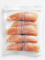 Vacuum-packed raw salmon fillets in clear plastic pouch, on white background