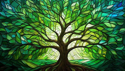 the tree in a vibrant green stained glass mosaic illuminated by sunlight