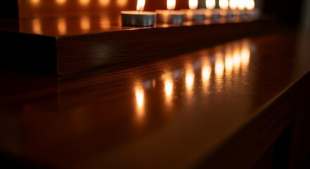 A row of lit tealight candles casting a warm, glowing reflection on a polished dark wood surface.