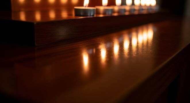 A row of lit tealight candles casting a warm, glowing reflection on a polished dark wood surface. - Powered by Adobe