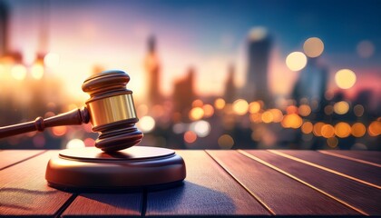 the gavel resting on a sound block against a blurred city bokeh background
