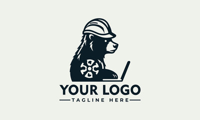 Industrial bear engineer wearing helmet and using laptop - vector logo