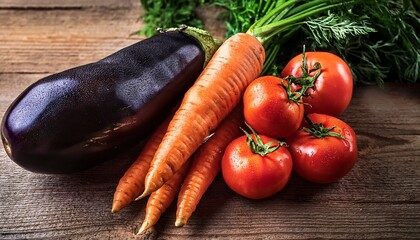 freshly harvested carrots tomatoes and eggplant on a rustic wooden surface