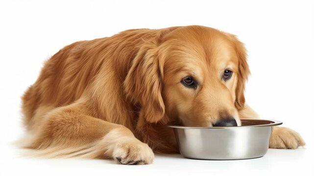 Adorable Golden Retriever Dog Waiting by Food Bowl, Perfect for Pet Lovers