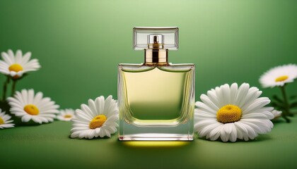 elegant perfume bottle on soft green background with delicate daisy accents