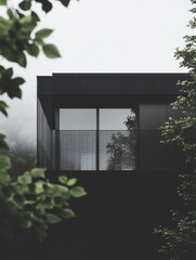Modern black minimalist house facade framed by green foliage in soft natural light