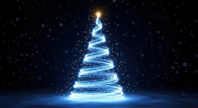 A glowing, blue, spiral Christmas tree with a star at the top, surrounded by snowflakes and a dark, starry background. - Powered by Adobe