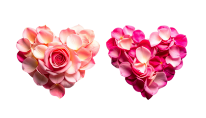 Dual romantic rose petal heart compositions isolated on transparent background