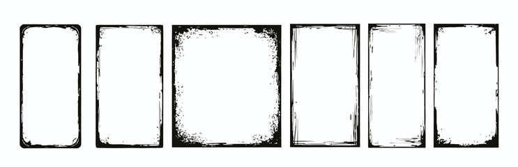 Collection of seven distressed grunge frames with rough edges, vintage-style black borders for photos and design. Vector illustration set 07.eps