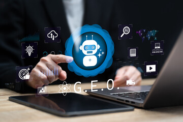 GEO generative engine optimization, Businesswoman Using AI Enhance Digital Marketing Performance, Improve Search Intelligence, Online Visibility, Accelerate Strategic Growth Toward Business Success