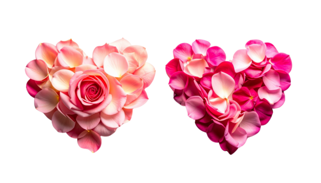Dual romantic rose petal heart compositions isolated on transparent background