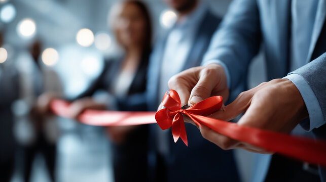 Faceless business people hands cutting red ribbon defocused close up background new project launch opening ceremony celebration grand opening event inauguration moment busine