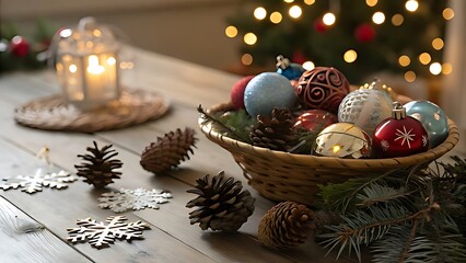 Festive christmas ornaments, pinecones, snowflakes, and lantern glow