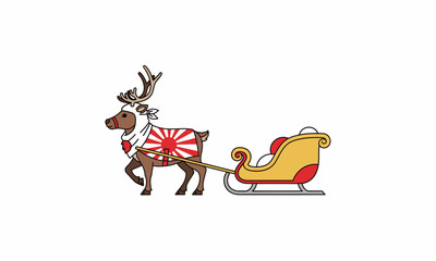 Fototapeta premium Illustrated Reindeer Pulling Sleigh, Wearing Distinctive Japanese Rising Sun Flag Blanket.