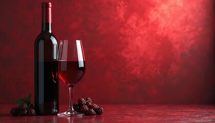 Rich red wine bottle and glass on dark wooden table. Berries complement the opulent scene. Dramatic lighting creates a luxurious mood. Perfect for beverage, food or lifestyle themes.