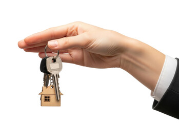Hand holding house key with a miniature house keychain transparent background cutout png
