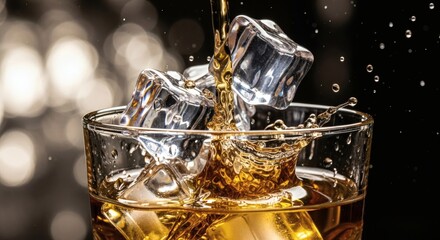 Whiskey is poured into a glass with ice cubes, creating a splash on a dark background with bokeh effect, close up view