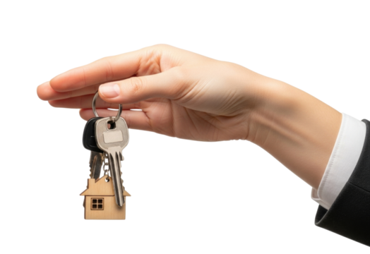 Hand holding house key with a miniature house keychain transparent background cutout png - Powered by Adobe