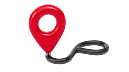 Red map pin with glossy finish and black winding route symbolizing navigation, travel, or location marker, isolated on transparent background, ideal for travel, direction, or GPS concepts