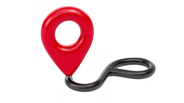 Red map pin with glossy finish and black winding route symbolizing navigation, travel, or location marker, isolated on transparent background, ideal for travel, direction, or GPS concepts