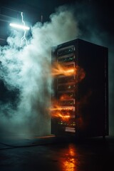 Smoking server rack with glowing lights in dark data center room, concept of overheating and cyber risk