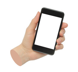Hand holds smart phone, isolated on transparent background, technology and gadgets concept. Contemporary art design