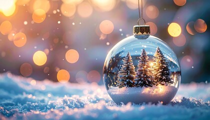 A christmas ornament with snow covered trees inside and bokeh lights in the background image ball