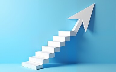 White arrow following the spiral staircase of growth on blue background, 3D arrow climbing up over spiral staircase, 3d stairs with arrow going upward, 3d rendering. High quality