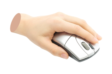 Hand holds a computer mouse, isolated on transparent background, technology concept. Contemporary art design