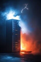 Data center server cabinet emitting smoke and orange light in dramatic dark environment, technology failure