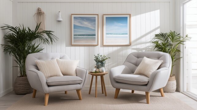 Living room interior with 2 armchairs, white walls, podcast suitable room design