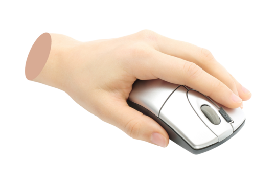 Hand holds a computer mouse, isolated on transparent background, technology concept. Contemporary art design