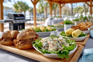 Community fundraiser table at park pavilion showcasing delicious food and local support