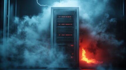 Overheated server rack in smoky room with illuminated hardware, concept of system error and network danger
