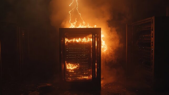 Smoking server rack with glowing lights in dark data center room, concept of overheating and cyber risk
