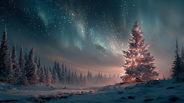Snow Forest Under Aurora Borealis with Glowing Christmas Tree, Dreamy Polar Winter Night Sky for Christmas Themes, Fantasy Wallpapers, and Holiday Greeting Cards.