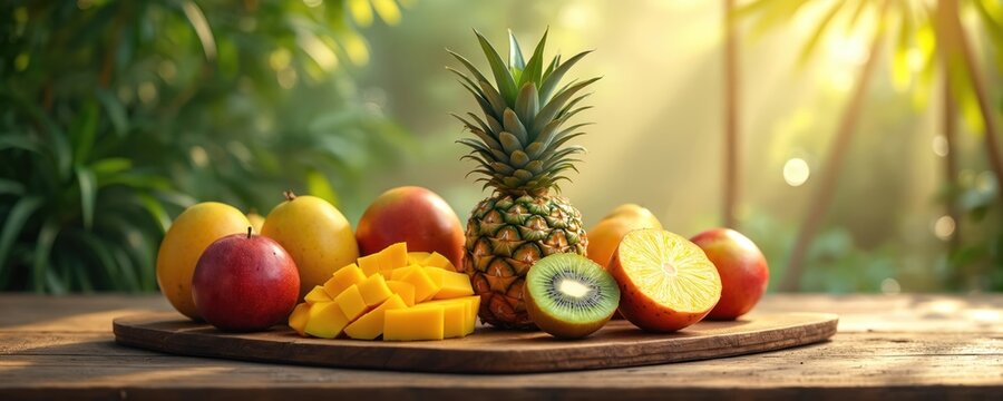 Fresh tropical fruit assortment on wooden board outdoors. Ripe pineapple sliced mango, juicy kiwi create healthy composition. Exotic food platter set in sunny summer garden. Delicious natural dessert
