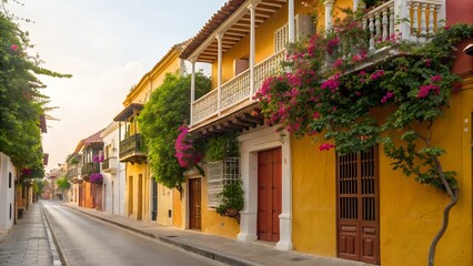 Obraz premium Vibrant Yellow Building Facades Lined With Blooming Bougainvillea On A Cobblestone Street During Golden Hour