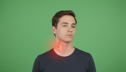 A young man stands against a green backdrop, showcasing a glowing representation of a spinal structure, symbolizing health awareness.