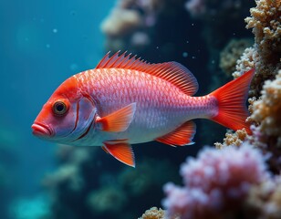 Red snapper fish swims in ocean. Underwater photo shows vibrant colors with coral reef background. Marine life concept focuses on aquatic animal in its natural environment.