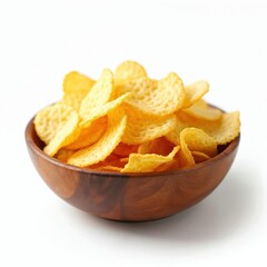 Crispy potato chips piled in a rustic wooden bowl. These thin, salty snacks are presented against a clean white background, perfect for food advertising or content creation.