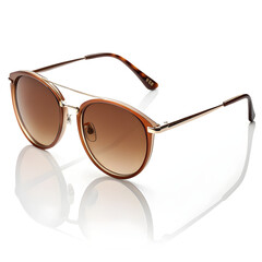Stylish round sunglasses with brown gradient lenses isolated on transparent background